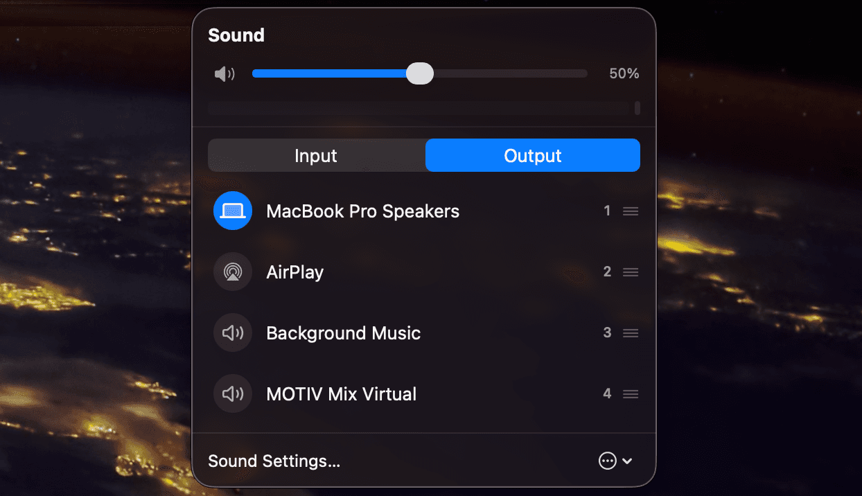 The actual SoundCue Mac app, showing output volume and a ranked list of audio devices